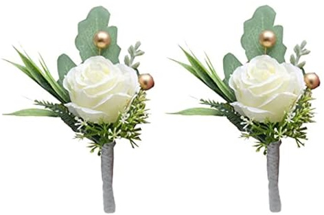 Tadoiooy Boutonniere for Men 2pcs Exquis Romantique Blanc Rose Blanc Rose avec Perle dorée de 3x5 Pouces boutonnières artificiels pour Le Mariage, Le Bal, Anniversaire.