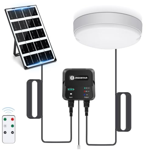 Aigostar Plafoniera LED Solare Esterno Interni con Telecomando, Scatola di accumulo di energia, 35W, IP65 Impermeabile, Regolabile 6500K, Cavo 8M, Interruttore a Cordino