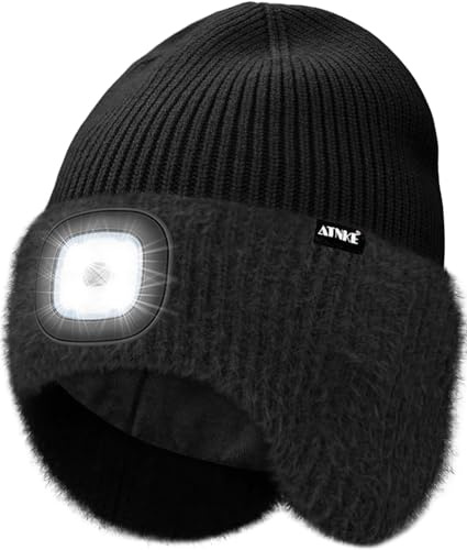 ATNKE LED Beleuchtete Ohrenklappen Mütze mit Licht,USB Wiederaufladbare 4 LED Freihändig Stirnlampe Laufmütze Winter Warm Fleece Gefüttert Strick Mütze Geschenke für Herren und Damen