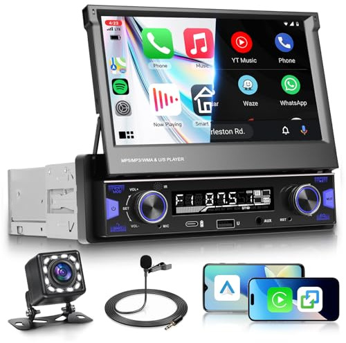 Rimoody Radio de Coche 1 DIN Inalámbrico Carplay Android Auto con Pantalla Táctil HD de 7 Retráctil Pantalla con Bluetooth Mirror Link Radio FM/Am/RDS/EQ Disco U/USB/AUX/Tipo C Cámara Trasera