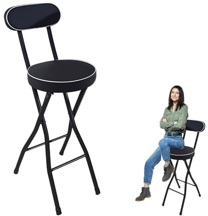 Generisch Klappbarer Barhocker mit Rückenlehne, Leder, gepolstert, 55 60 65 70 75 cm Höhe, Sicherheitsverschluss, für Küche, Rec, Zimmer, Schlafsaal, Schminktisch, Außenbereich(Schwarz,75cm (30inch))