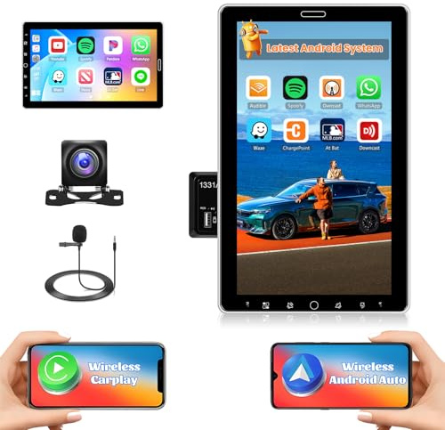Hikity 2G+64G Autoradio 1 DIN Android 15 con Touch Screen Girevole da 9 Pollici con Carplay Wireless Android Auto Wireless RDS/FM Radio BT GPS Navigazione GPS WiFi + Telecamera Posteriore + MIC