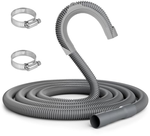 KAINGA 10 FT Washing Machine Drain Hose, Corrugated and Flexible Washing Machine Hose, Discharge Hose Replacement for Whirlpool, GE, Kenmore, Clamps and Hook Included, Grey