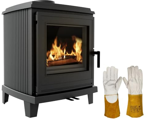 KRATKI Kaminofen Gusseisen Holzofen KOZA K11 6kW Ø150 BImSchV 2 EEK A Stahl | Freistehend aus Gusseisen, schwarz, 76,9% Wirkungsgrad, raumluftunabhängig, Ecodesign, Flamme Verte 7, Aschekasten