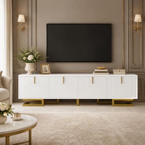 OLIVIBED TV-Schrank mit Strukturierter Tür, Lowboard mit Goldene Beine und Griffe, Fernsehtisch für Fernseher bis zu 65 Zoll, Fernsehschrank für Wohnzimmer, Schlafzimmer, 160x38x44.5cm, Weiß