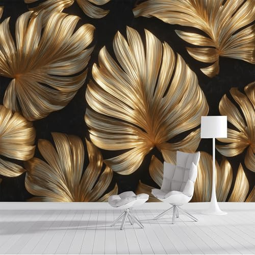 ZISTRCBAO Golden Monstera Wallpaper Murals, Golden Murals, Luxurious Tropical Plant Wallpaper for Bedroom Living Room Decor Artwork Background Wall Stickers 200x140cm