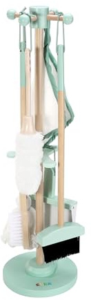 SOKA Wooden Toy Cleaning Kit Pretend Play Household Toy Set Includes Dustpan Broom Mop Brush Duster Towel Hanging Design Playhouse Games for Kids Toddlers Children Little Girls Boys Ages 3 year old +