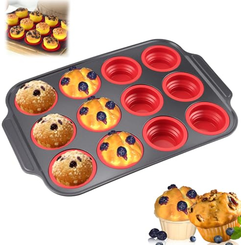 ZITUZY Moule à muffins avec cadre en métal - 40 x 27 cm - 12 moules - Anti-adhésif - Pour gobelets en papier - Rouge