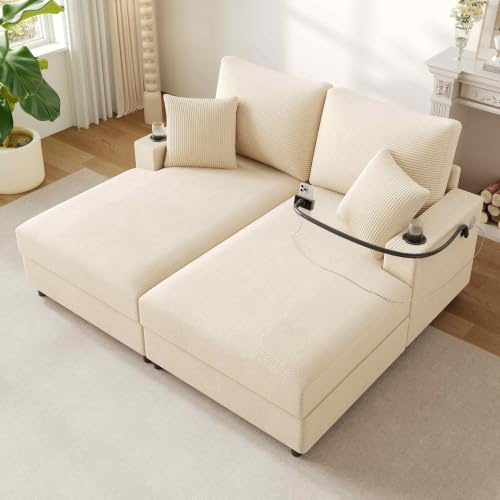 Lahoomu XXL-Doppelschlafsofa mit Schlaffunktion, Gepolsterter Liegefunktion, Handyhalterung, USB-Anschluss und Getränkehalter, für Wohnzimmer, Schlafzimmer oder Heimkino, Beige