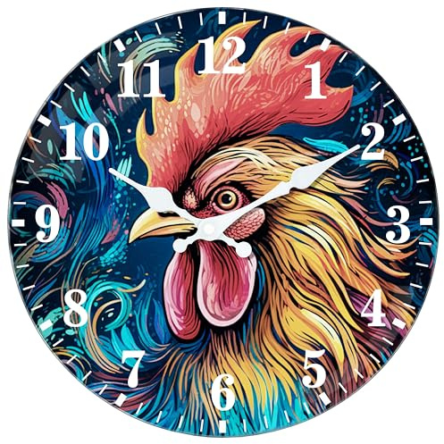 Mabpedo 30cm Silent Wall Clock, Wall Clocks Battery Operated, Non Ticking Thick Glass Analog Clock with Vibrant Rooster Design, Large Numbers Clocks for Bedroom Living Room Office Farmhouse Outdoor