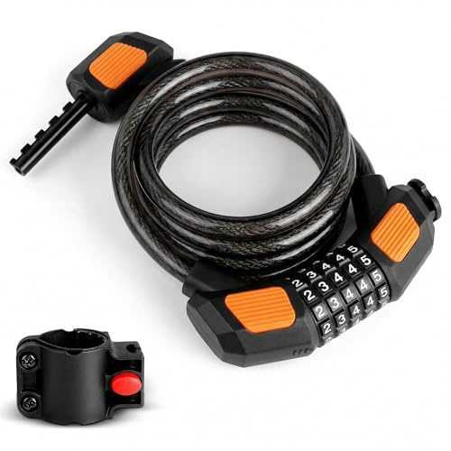 AiQInu Bicycle Lock with Combination Code, 120 cm / 12 mm Cable Lock Security Level Very High 5 Digits Spiral Cable Lock Waterproof for Bicycle Tricycle Scooter Bike Lock