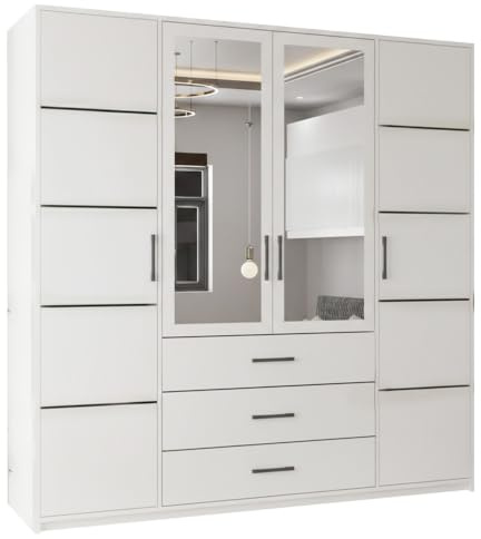 FURNITUREWAVE Modern 4 Door Hinged Wardrobe with 2 Mirror Doors and 3 Drawers Bedroom Wardrobe Mirrored Bedroom Furniture, Double Wardrobe for Bedroom (200cm White)
