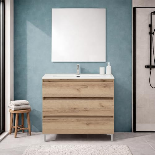 Inbagno Mobile Bagno A Terra 100 Cm Quercia Naturale Con 3 Cassetti Soft-Close, Lavabo In Ceramica – Mobile Bagno Completo Linea Leda