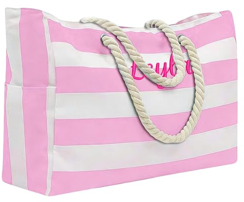 Generisch Personalisierte Große Strandtasche mit Namen, Strandtasche mit Reißverschluss Wasserdicht Badetasche Strandtasche XXL Familie Beach Tote Bag, Damen Sporttasche