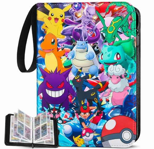 4 Pocket Card Binder Holds 480 Cards, Trading Card Binder Folder with 60 Double-Sided Removable Sleeves, Portable Cards Collection Storge Album with Zipper for Kids Gifts