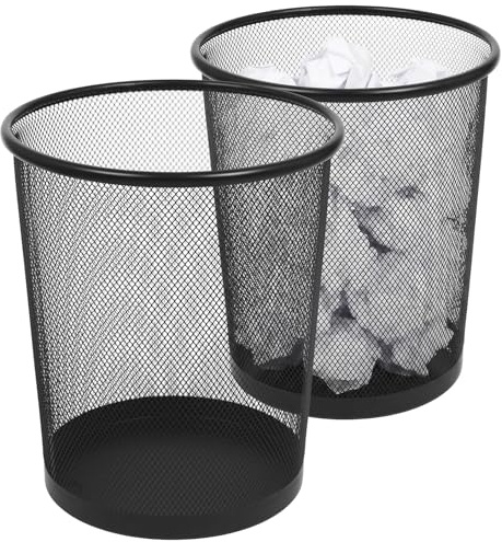 Harbour Housewares Round Metal Mesh Waste Paper Bin - Pack of 2-23.5 x 26.5cm Black Office Waste Bin, Wire Mesh Rubbish Bin for Home, Bedroom, Bathroom, Kitchen, Desk, Study & Workplace