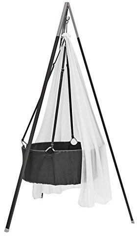 Leander - Culla per bambini con materasso e ganci da soffitto, con baldacchino (velo) bianco + treppiede grigio