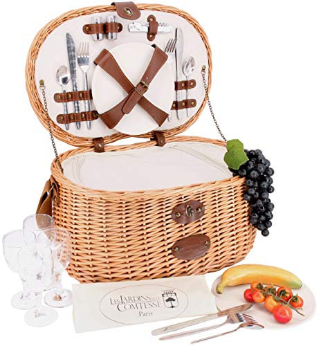 Les Jardins de la Comtesse Picknickkorb, isoliert, Vendôme Natur, geflochten, aus Weidengeflecht für 4 Personen, Weingläser aus Glas/Korb umweltfreundlich, 47 x 33 x 21 cm, Beige