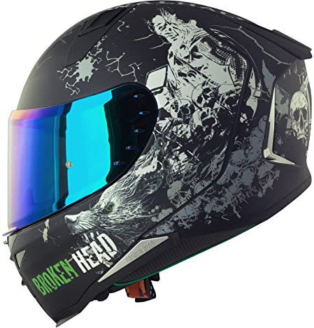 Broken Head Fullgas Viking V2 Pro Integralhelm - Motorradhelm mit blau-verspiegeltem Zusatz-Visier - Schwarz-Grau Matt, Größe S (55-56 cm)