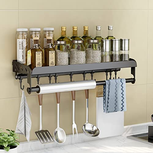 ITHKFU Portaspezie da cucina senza foratura, portaspezie da appendere con aste e 10 ganci, in acciaio inox, montaggio a parete per bagno e cucina, 60 cm, colore nero