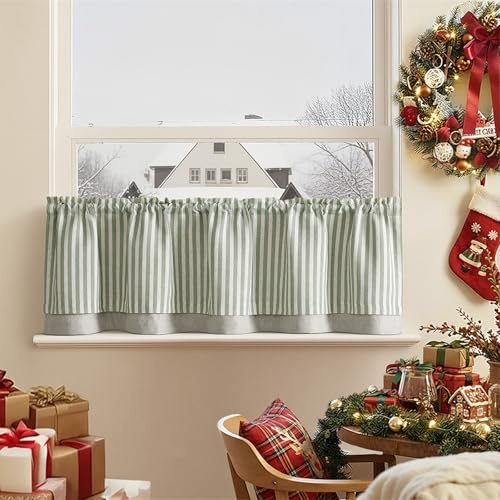 TOPICK Tenda corta da cucina a righe per filtrare la luce, per finestre da cucina, soggiorno, 45,7 cm, doppio strato, finestra di fattoria, mantovana gessata, con tasca per asta, 1 pannello verde su