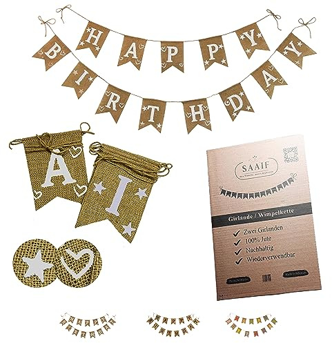 SAAIF Happy Birthday Girlande, Wiederverwendbar Geburtstag Wimpelkette mit Herz und Sternenmuster, geburtstagsdeko Banner für Mädchen, Mann, Jungen und kindergeburtstag (Weiß Girlande)