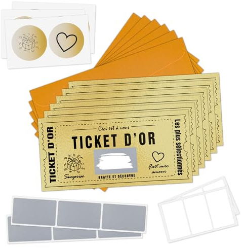 6 Pièces Carte à gratter Golden ticket à gratter Ticket d'or Carte Cadeau Surprise Personnalisable Idéal Anniversaire, Saint-Valentin-Cadeau EVJF Départ Retraite Cadeau Couple Annonce Anniversaire Or