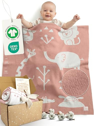 Babydecke Baumwolle, Baby Decke Neugeborenen, Baby Blanket Newborn, Rosa | Decke Baby 100% Bio Baumwolle, GOTS & OEKO-TEX, Kuscheldecke Baby mit Wachstumsskala, Strickdecke Baby für Jungen & Mädchen