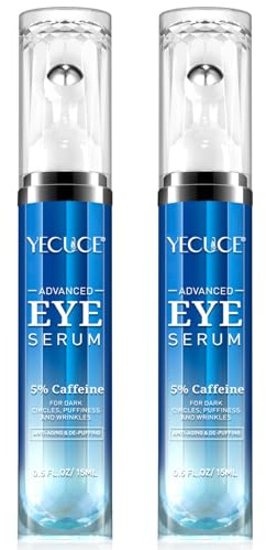2 Packs Eye Serum for Dark Circles and Puffiness - 5% Caffeine Eye Cream Anti Aging, with Retinol Hyaluronic Acid Niacinamide, Under Eye Cream for Eye Bags Treatment with 360° Eye Roller Massage Ball
