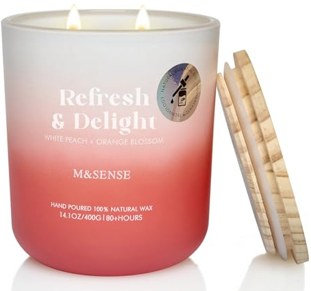 M&SENSE Duftkerze, Pfirsich Orangen Duftkerzen im Glas, 400g große Sojakerze mit zwei Dochten, 80h Brenndauer, Aromatherapie Kerze für Yoga, Spa, Meditation. Geschenk für Freundin, Ehefrau, Mutter