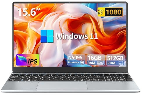 PC Portatile 15,6 Pollici, Win 11 Notebook 16GB LPDDR4 RAM 512GB SSD, Celeron N5095 CPU, 180° Flip IPS Schermo, Laptop Digitale Tastiera Retroilluminata/Sblocco Impronta Digitale, Webcam+BT4.2+USB3.0