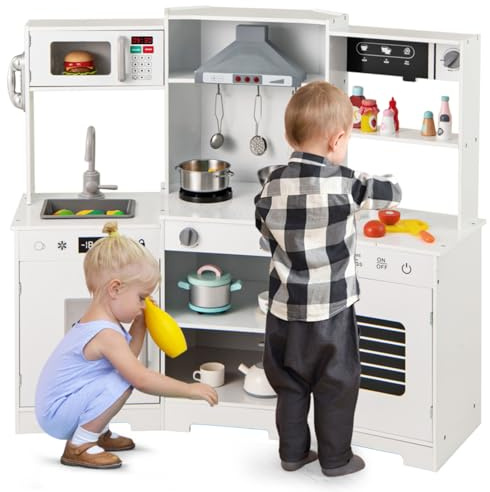 Maxmass Wooden Kids Corner Kitchen, Children Toy Kitchens with Lights & Sounds, Range Hood, Ice Maker, Sink, Telephone, Coffee Maker, Utensils, Toddler Role Play Kitchens for 3 + Years Old (White)