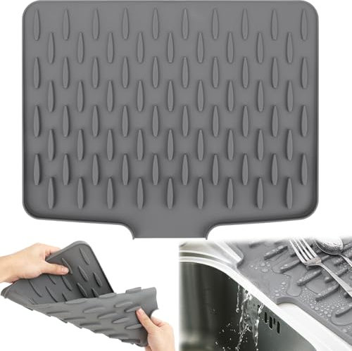 RZCOMP Silicone Draining Mat,Silicone Dish Drying Mat Non-Slip Sink Drainer Mat,No-Spill Mat & Heat Resistant Folding Draining Board Mat for Kitchen Counter,Sink (Grey)