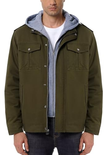 UIQUR Men’s Winter Military Casual Jacket with Removable Hood Sherpa Lined Cotton Fleece Cargo Coat for Fall and Work Army Green Large