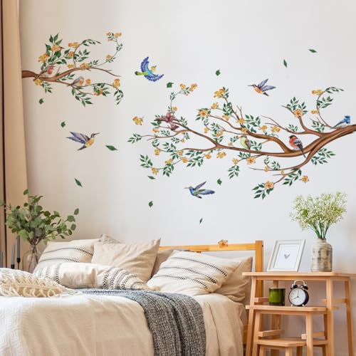 Stickers Muraux Grand Branche de Fleurs Vigne Autocollant Mural Verts Feuilles Arbre Plantes Oiseaux Décoration pour Salon Chambre à Coucher Bureau