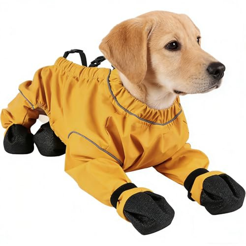 Hunderegenanzug mit Stiefeln – Wasserdichter Schmutzschutz Overall für Hunde, Anti-Rutsch Sohlen & Träger, Ganzkörper-Schutz für Regen, Matsch & Kälte (Für kleine & mittlere Rassen) (S)