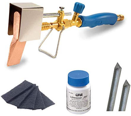 CFH Set Kupferl?tkolben Stangenl?tzinn Zinkblech L?twasser und Reinigungsvlies Blau