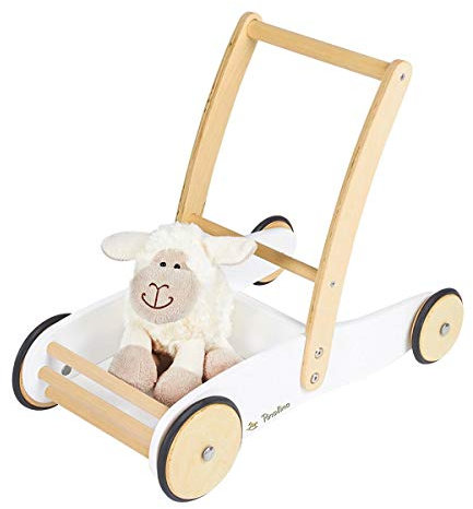 PINOLINO Lauflernwagen Uli aus Holz - mit Bremssystem, gummierten Holzrädern, großer Ladefläche, angenehmer Griffhöhe, für Kinder ab 1 Jahr, weiß