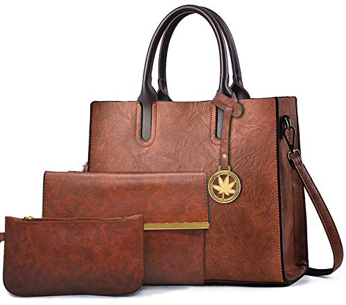 BestoU Bolsos de Mujer PU Cuero Negro Bolso Bandolera Tote Grande De Hombro Bolsos Set (Marrón)