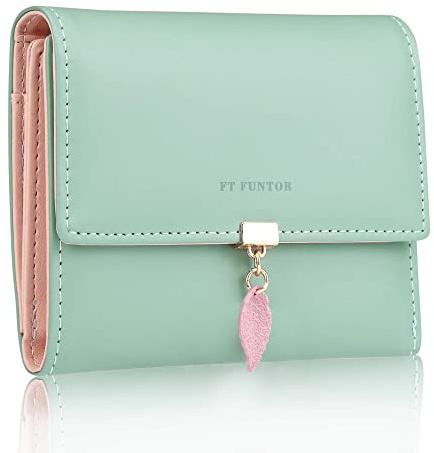 FT FUNTOR RFID Wallets for Women, Leaf Card Holder Trifold Ladies Wallets Coins Zipper Pocket with ID Window Green