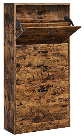 VASAGLE Schuhschrank mit 3 Klappen, Schuhregal mit 3 Ebenen, Aufbewahrungsschrank, perfekt für schmale Flure, Wohnzimmer, Schlafzimmer, 60 x 24 x 120 cm (L x B x H), vintagebraun LBC030X01