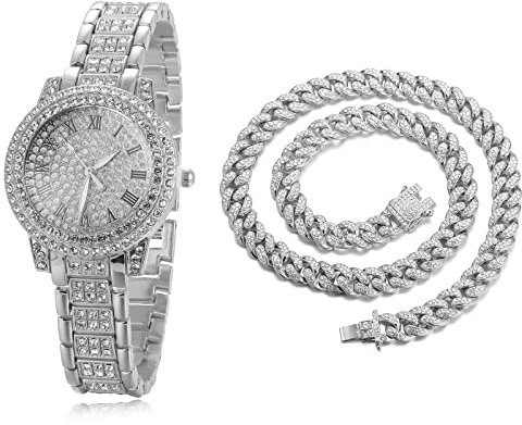 Halukakah Diamanten Gold Uhr, Damen Platinplattiert Weißgold 30MM Breite Round Zifferblatt Quarz Armband 19cm mit Kubanischer Kette 40cm Necklace,Kostenlose Geschenkbox