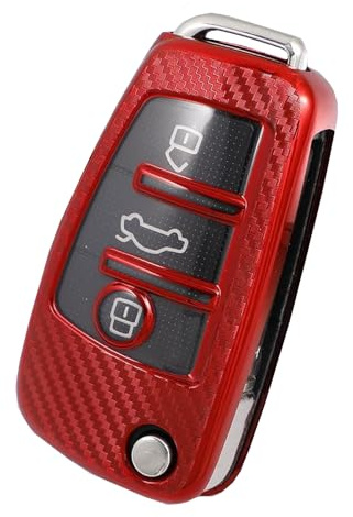 HIBEYO Autoschlüssel Hülle passt für Audi Schutzhülle Schlüsselhülle Cover TPU für Audi A1 A3 A4 A6 Q3 Q5 Q7 S3 R8 TT Schlüsselbox Schlüsselanhänger Fernbedienung Klapp 3 Tasten(Rot-Kohlefaser)