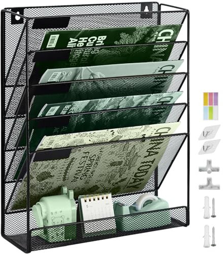IOUGDSEC Zeitschriftenhalter Wand, Hängeorganizer Wandablagefächer A4, 6 Fächer Prospektspenderset, Metall Hängeorganizer, Dokumentenablage Schwarz