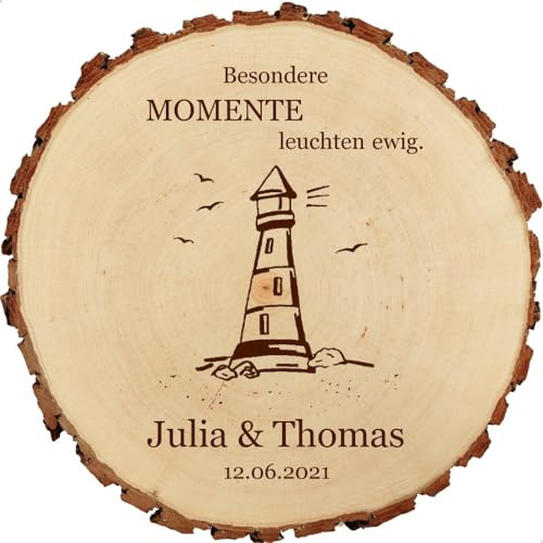 Baumscheibe 18cm mit Gravur (Namen, Datum) personalisierte Holz-Scheibe mit Leuchtturm, Geschenk-Idee zur Silberhochzeit/goldenen Hochzeit für Männer & Frauen, MotivH4