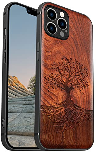 Carveit Holz Cover für iPhone 12 Pro, Pflaumenfarbe-Baum mit Wurzeln | Handyhulle kompatibel MagSafe Massivholz für iPhone 12 Pro Handyhülle Stoßstange Weich TPU Case