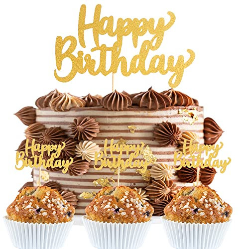 Happy Birthday Cake Topper Set - Gold Happy Birthday Cake Topper And Gold Happy Birthday Cupcake Topper, Gold Glitter Photo Booth Props Birthday Party Decorations, Cake Smash Decoration (gold01)