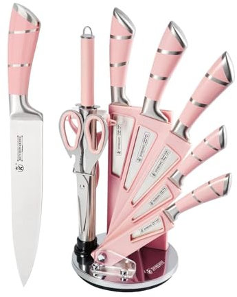Justup 9-tlg Messerset mit Drehbare Acryl Messerblock, Rosa Sharp Antihaft Beschichtete Kochmesser Block Set,Edelstahl Messer Set für Küche mit Schärfer zum Schneiden Schneiden Würfeln Hacken (Rosa)