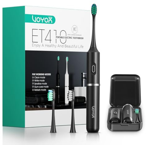 VOYOR-HEALTH Spazzolino Elettrico Sonico, Spazzolino da Viaggio Ricaricabile, Vibrazione ad alta Frequenza & 5 Modalità, Staccabile con Custodia da Viaggio per L'uso in Viaggio ET410 (Nero)