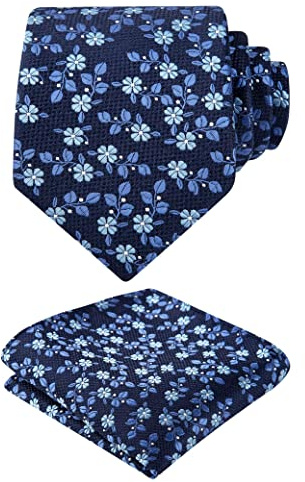 Alizeal herr blommig slips set jacquard vävd normal storlek slips och ficknäsduk set, 151-marinblå+blå, en storlek